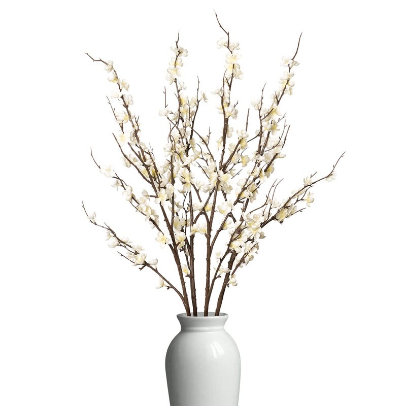 Ammyoo 4Pcs Cherry Blossom Branches Artificial Flowers for Spring Summer Indoor Decoration,Faux Long Stem Artificial Flowers for Wedding Home Office Bedroom Party Table Centerpieces Decor(White) - Image 1