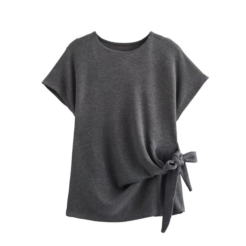 ZA cross-border womens clothing wholesale round neck short sleeve knitted jacket A- shaped skirt suit 0858674 0858673 Gray top