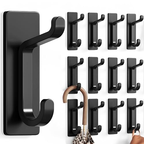 pickpiff 12 Pack Wall Hooks for Coat and Towel: 13LB Adhesive Door Hanger Stick on, Black - Image 1