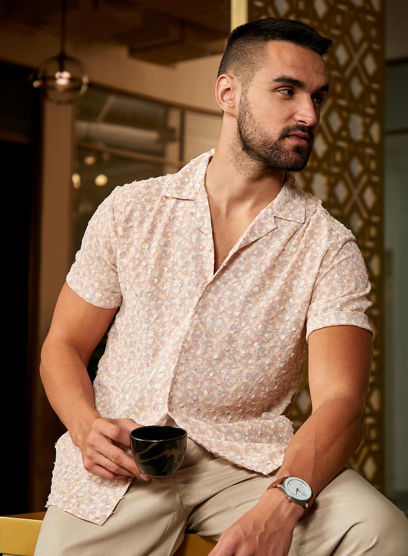 Campus Sutra Men's Beige Washed Flowers Seld-Design Shirt - Image 1