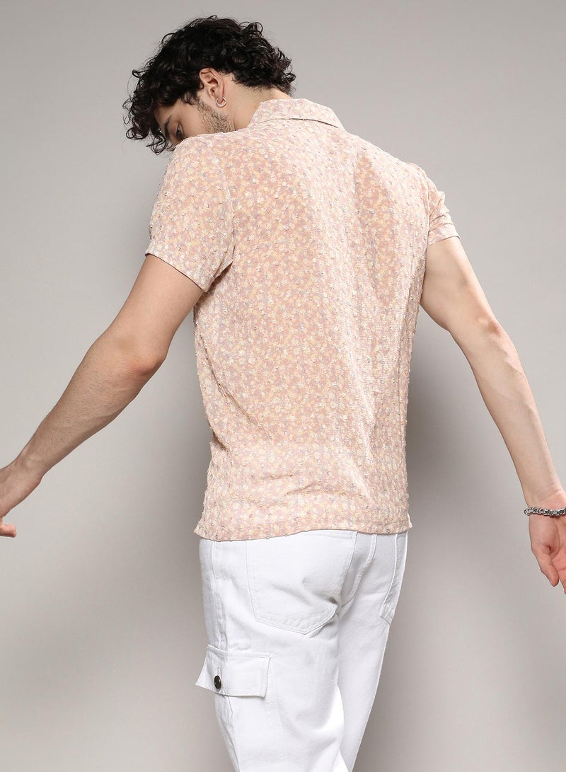 Campus Sutra Men's Beige Washed Flowers Seld-Design Shirt - Image 3