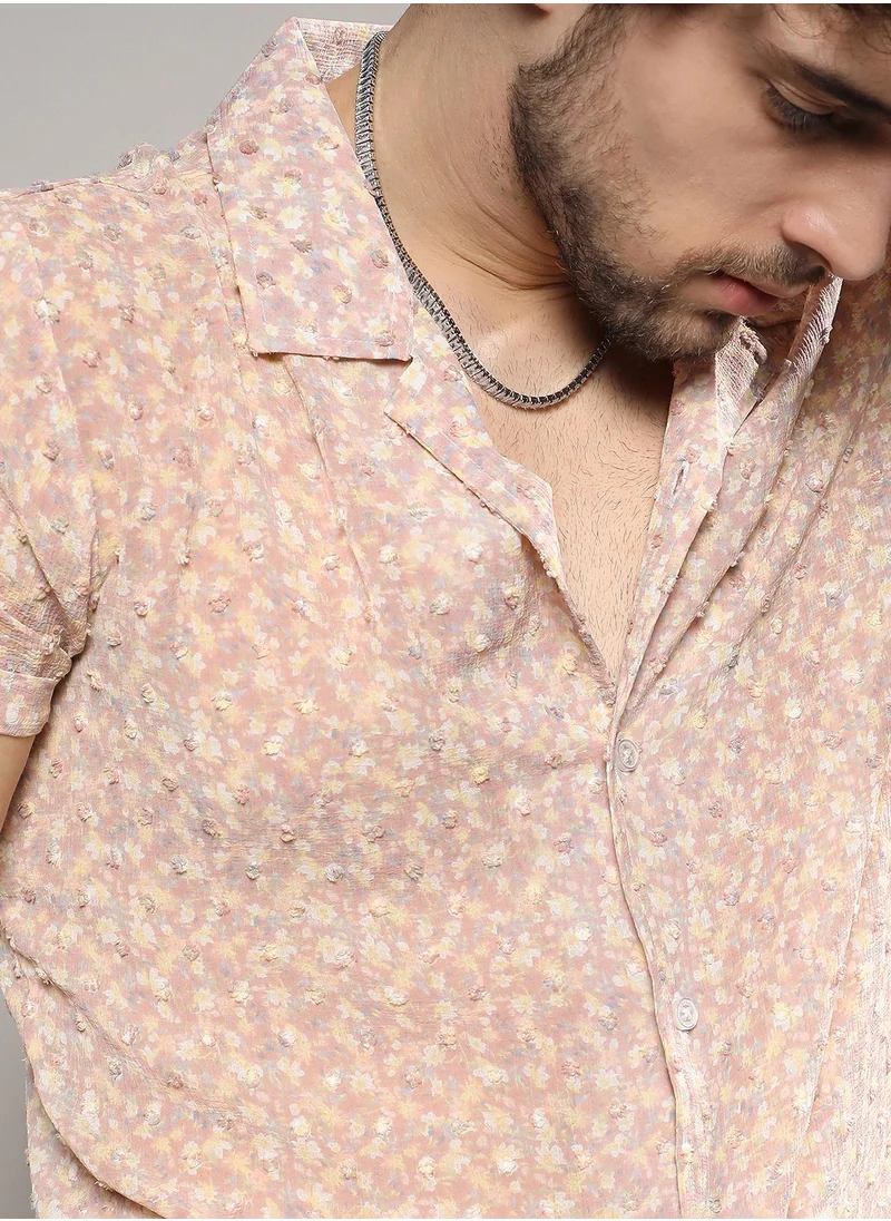 Campus Sutra Men's Beige Washed Flowers Seld-Design Shirt