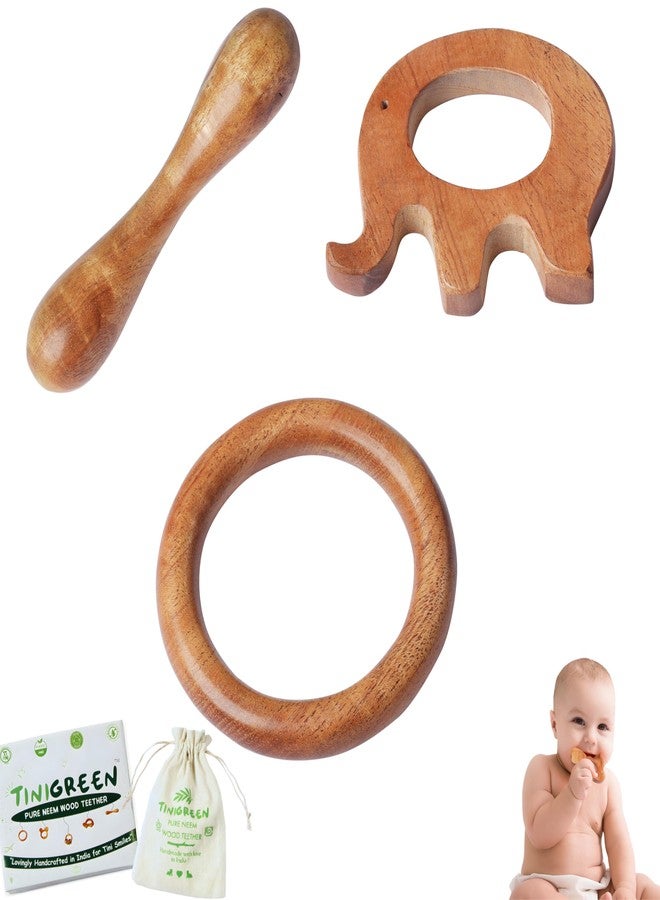TINIGREEN Elephant Ring Dumbbell Shaped Organic Neem Wood Teether Combo for Baby (Pack of 3) - Image 1