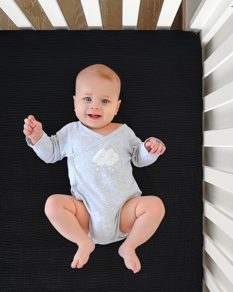 Pro Goleem Muslin Crib Sheets for Boys and Girls, Soft Breathable Neutral Fitted Cotton Baby Bed Sheets for Standard Crib Mattress & Toddler Mattress (52"x28"), 1 Pack (Black) - Image 5