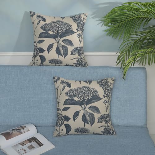 DAFENA Navy Blue Pillow Covers 16x16 Inch 2 Pcs Boho Vintage Floral Decor Throw Pillows Hydrangea Flower Seasonal Outdoor Farmhouse Neutral Accent Decoration Pillowcase Linen Cushion Cover for Couch - Image 3