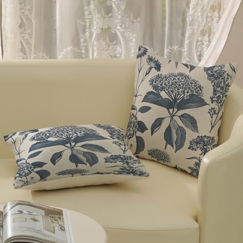 DAFENA Navy Blue Pillow Covers 16x16 Inch 2 Pcs Boho Vintage Floral Decor Throw Pillows Hydrangea Flower Seasonal Outdoor Farmhouse Neutral Accent Decoration Pillowcase Linen Cushion Cover for Couch - Image 4