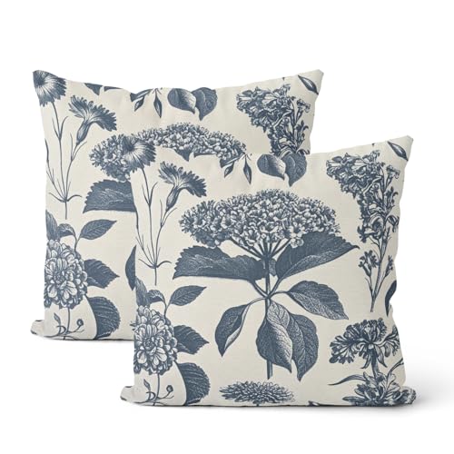 DAFENA Navy Blue Pillow Covers 16x16 Inch 2 Pcs Boho Vintage Floral Decor Throw Pillows Hydrangea Flower Seasonal Outdoor Farmhouse Neutral Accent Decoration Pillowcase Linen Cushion Cover for Couch - Image 1