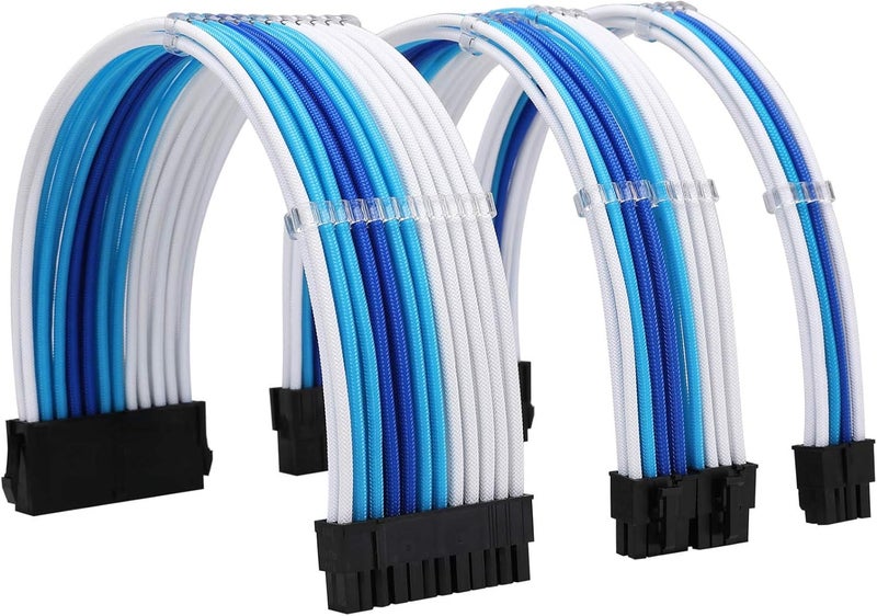 Formulamod Sleeve Extension Power Supply Cable Kit 18AWG ATX 24P+ EPS 8-P+PCI-E8-P with Combs for PSU to Motherboard/GPU Fm-NCK3 (White Sky Blue Deep Blue) - Image 1