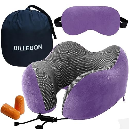 Billebon Premium Memory Foam Travel Neck Pillow Combo with Soft Eye Mask, Carry Bag, and Ear Plugs (Lavender with Eye Mask) - Image 1