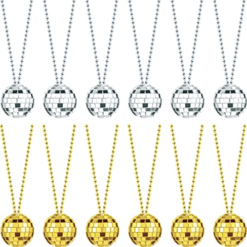 Hicarer 12 Piece Mirror Disco Ball Costume Necklaces 70s Disco Party Necklaces for Home Decorations, 1.57 Inch Stage Props, Game Accessories, Halloween, Party Favor and Supplies(Silver, Gold) - Image 1
