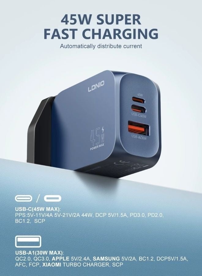 LDNIO 45W USB-C/A Super Fast Charger Adapter | Dual-Port PD PPS QC Fast Charging Adapter with USB-C u0026 USB-A Ports | Supports Laptop, iPhone, Samsung, iPad u0026 Android Devices | Smart Chip, Fireproof PC Shell, Multi-Protection Compact Travel Charger with UK Plug - Image 2
