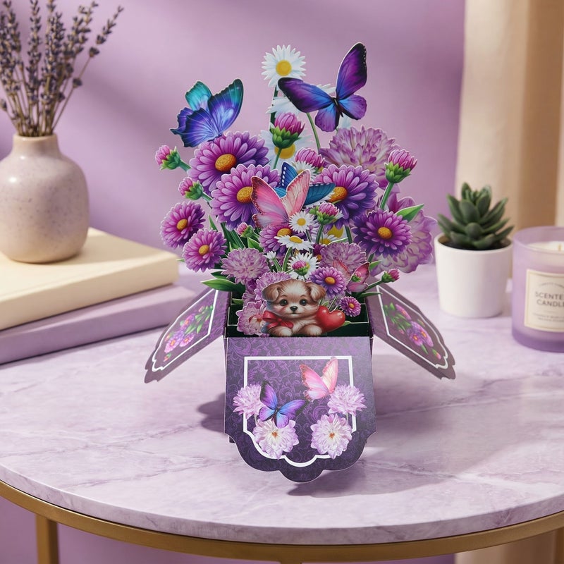 بطاقة تهنئة ثلاثية الأبعاد منبثقة على شكل زهرة أقحوان أرجوانية مع جرو - Image 2