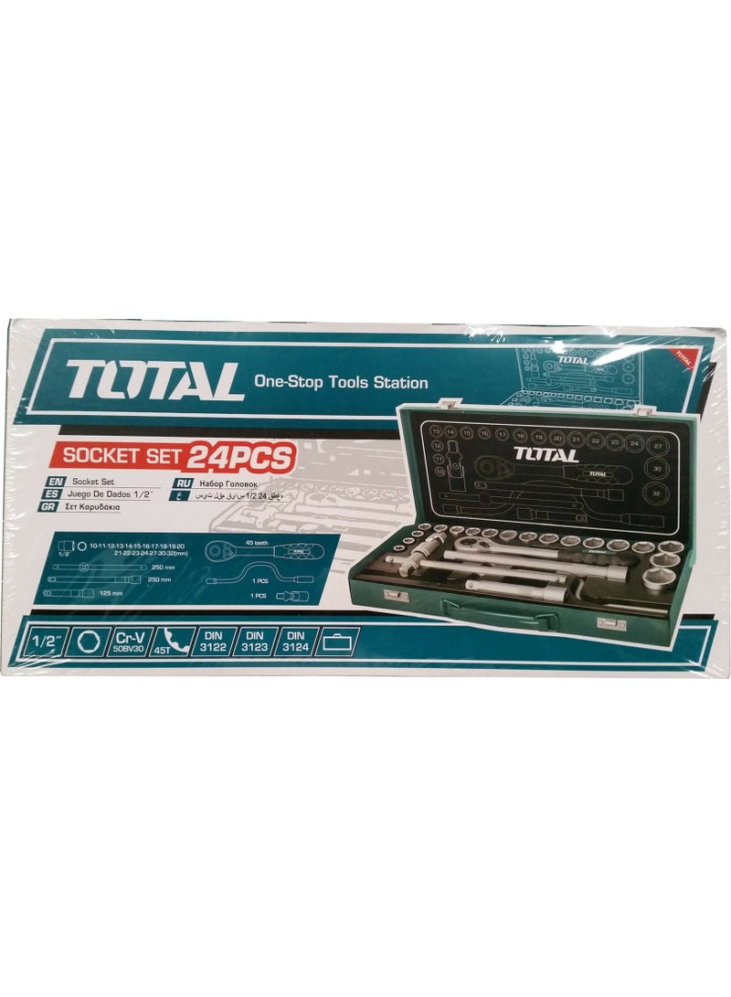 توتال طقم TOTAL THT141253 عدد 24 قطعة سوكيت 1/2 بوصة من فولاذ CR-V مع ذراع راتشيت ووصلات تمديد وعلبة معدنية - Image 4