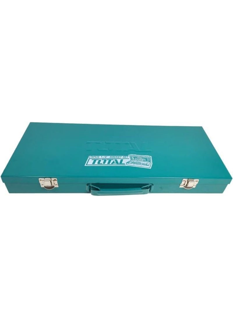 توتال طقم TOTAL THT141253 عدد 24 قطعة سوكيت 1/2 بوصة من فولاذ CR-V مع ذراع راتشيت ووصلات تمديد وعلبة معدنية - Image 3