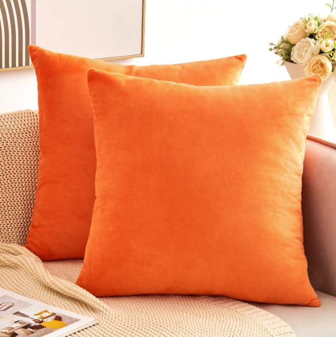 Grineed Velvet Throw Pillow Covers Orange Set Of 2 20X20 Inch Pillow Covers  Soft Farmhouse Neutral Decorative Pillowcases For Couch Sofa Bed  Home Boho Decor  Modern Cushion Covers - Image 1