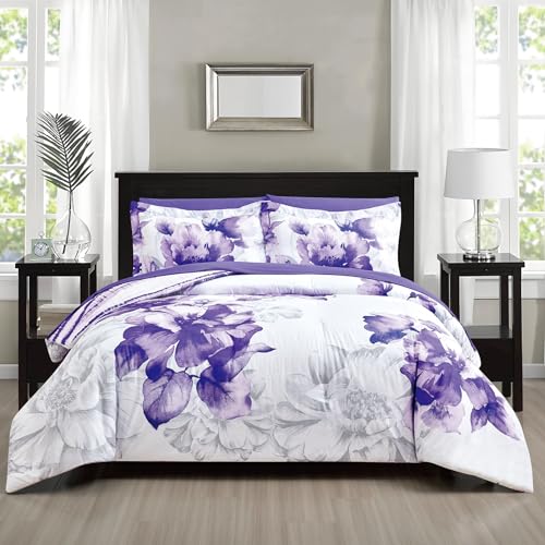 Sunshine Nicole Soft Brushed Microfiber Comforter Set, 7 Pieces Queen, with Light Weight Soft Poly Fill, Printed Dark Purple Big Florals Face with Print Reverse - Image 1