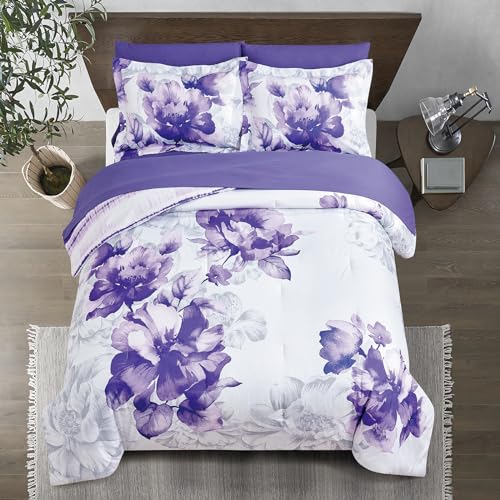 Sunshine Nicole Soft Brushed Microfiber Comforter Set, 7 Pieces Queen, with Light Weight Soft Poly Fill, Printed Dark Purple Big Florals Face with Print Reverse - Image 2