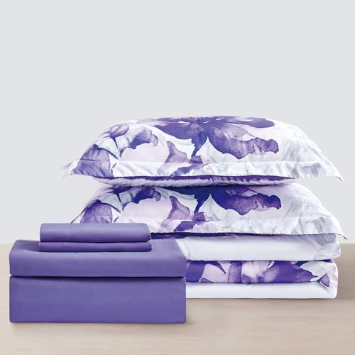 Sunshine Nicole Soft Brushed Microfiber Comforter Set, 7 Pieces Queen, with Light Weight Soft Poly Fill, Printed Dark Purple Big Florals Face with Print Reverse - Image 4