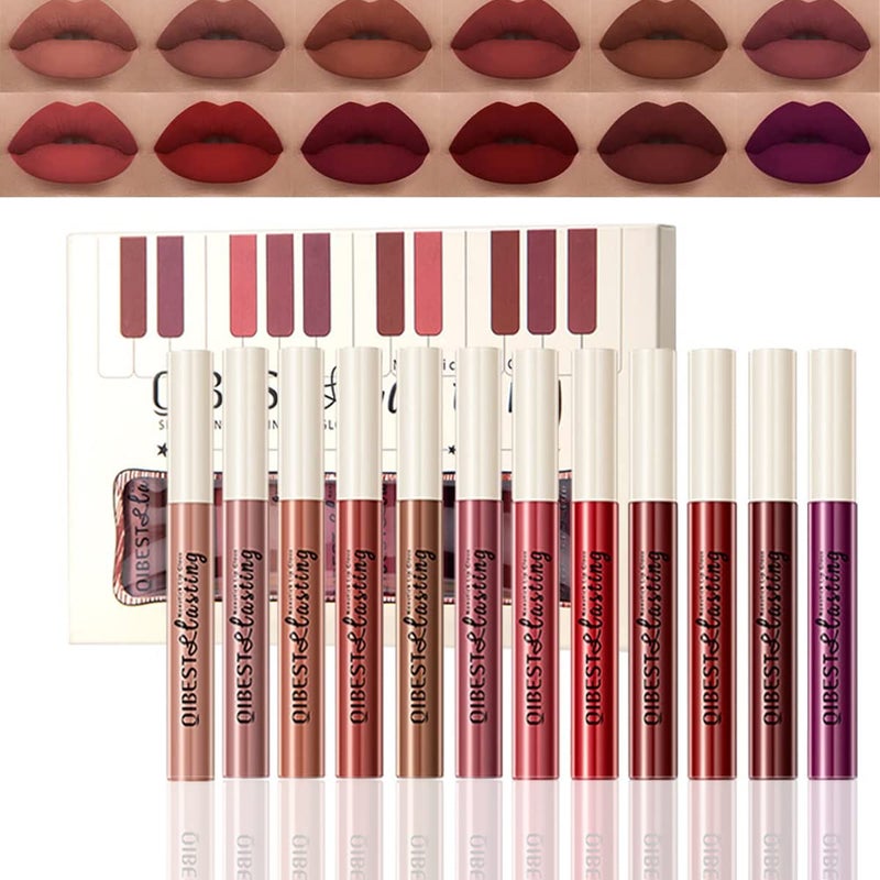 Pakivs 12Pcs Matte Liquid Lipstick Set, Dark Bright Red 24-hour Lip Gloss Kit Long-Lasting Waterproof Lip Stain Non-Stick Cup Not Lipgloss Set for Women - Image 1