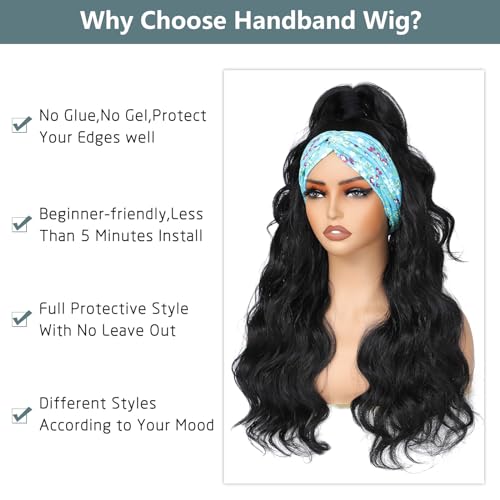 xccoco Black HeadBand Wigs for Women Long Wavy Headband Wigs 24inch Put On and Go Glueless Half Wig Loose Wave Synthetic Long Wigs for Women 200% Density - Image 3
