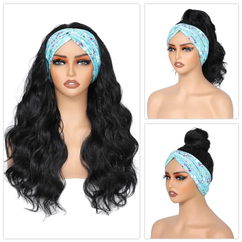 xccoco Black HeadBand Wigs for Women Long Wavy Headband Wigs 24inch Put On and Go Glueless Half Wig Loose Wave Synthetic Long Wigs for Women 200% Density - Image 2