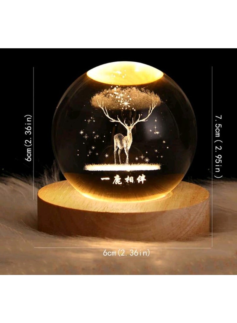 6cm 3D Crystal Ball Night Light with LED Wooden Base - Laser Engraved Animal Ornament