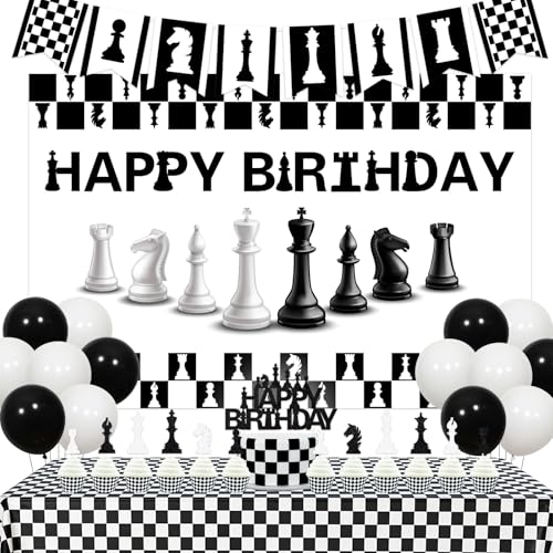 Balterever Chess Birthday Decorations International Chess Birthday Backdrop Banner Garland TableCloth Cake Topper for Funny Board Game Chess Bday Party Decor - Image 1