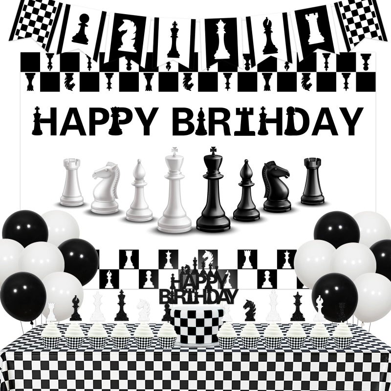 Balterever Chess Birthday Decorations International Chess Birthday Backdrop Banner Garland TableCloth Cake Topper for Funny Board Game Chess Bday Party Decor - Image 2