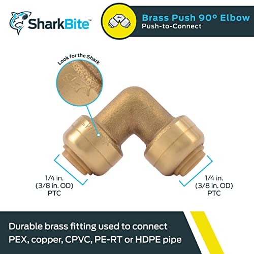 SharkBite 1/4 Inch (3/8 Inch OD) 90 Degree Elbow, Push to Connect Brass Plumbing Fitting, PEX Pipe, Copper, CPVC, PE-RT, HDPE, U244LFA - Image 2
