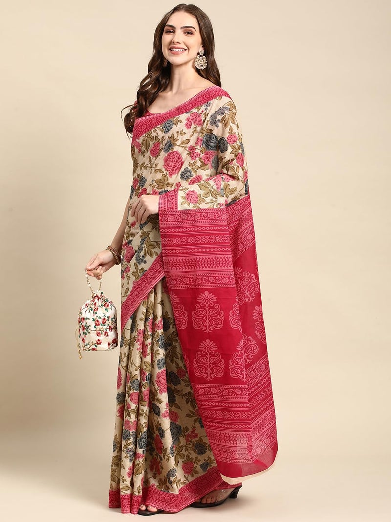 RATAN Pure Cotton Printed Mulmul Saree for Women with Blouse Piece (GDBT-BP-1047-ONN_Onion Pink) - Image 4