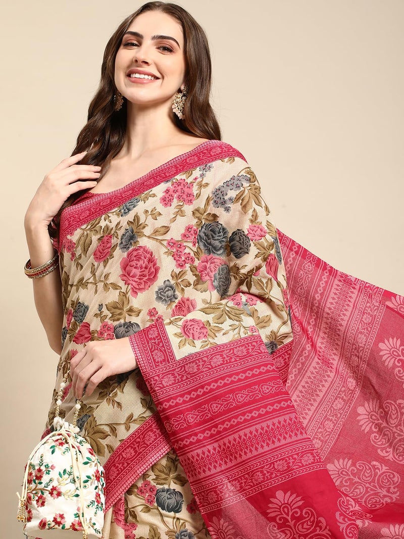 RATAN Pure Cotton Printed Mulmul Saree for Women with Blouse Piece (GDBT-BP-1047-ONN_Onion Pink) - Image 3