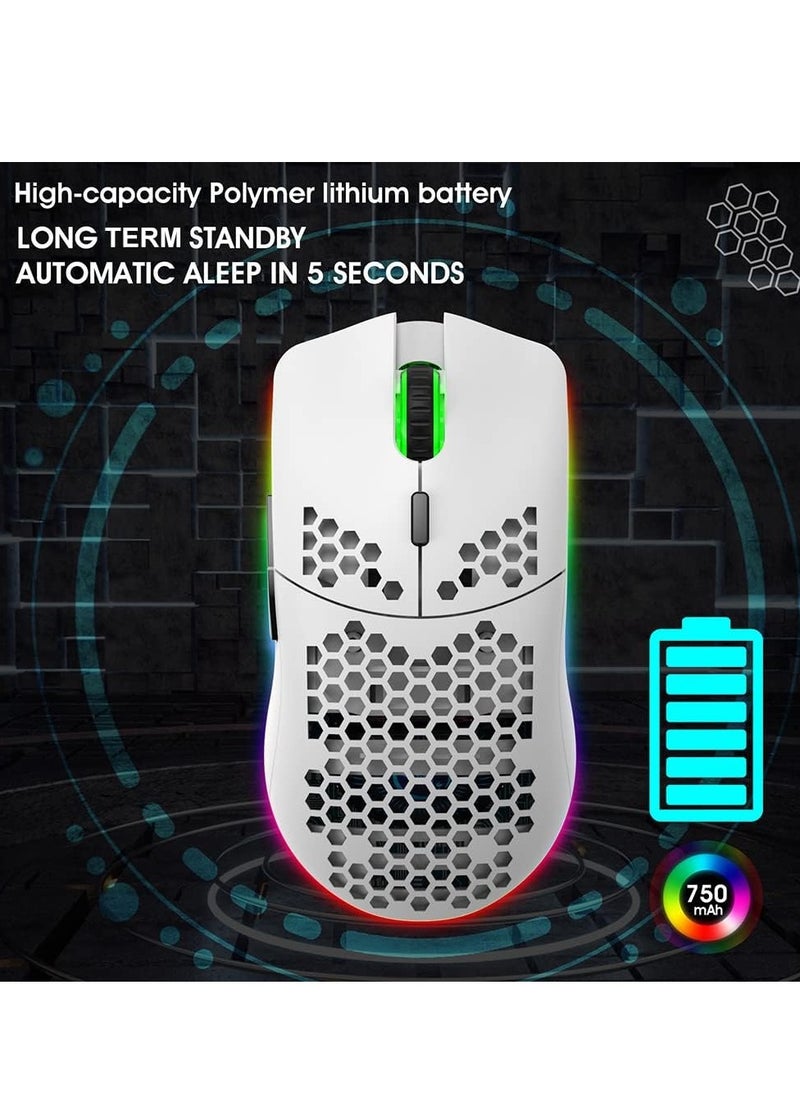 ماوس ألعاب لاسلكي، تصميم مجوف على شكل قرص العسل، ماوس لاسلكي مريح مع إضاءة خلفية، 6 أزرار، 4 سرعات قابلة للتعديل، ماوس كمبيوتر، ماوس ألعاب لاسلكي قابل لإعادة الشحن RGB لأجهزة الكمبيوتر المحمولة وأجهزة الكمبيوتر الشخصية