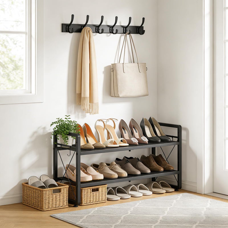 ELYKEN Shoe Rack, 2-Tier Expandable Shoe Organizer for Entryway, Metal Black Shoe Shelf with 4 Hooks, Ajustable Shoe Stand Holder for Closet, Garage, Door Entrance - Image 2