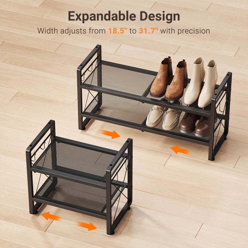 ELYKEN Shoe Rack, 2-Tier Expandable Shoe Organizer for Entryway, Metal Black Shoe Shelf with 4 Hooks, Ajustable Shoe Stand Holder for Closet, Garage, Door Entrance - Image 4