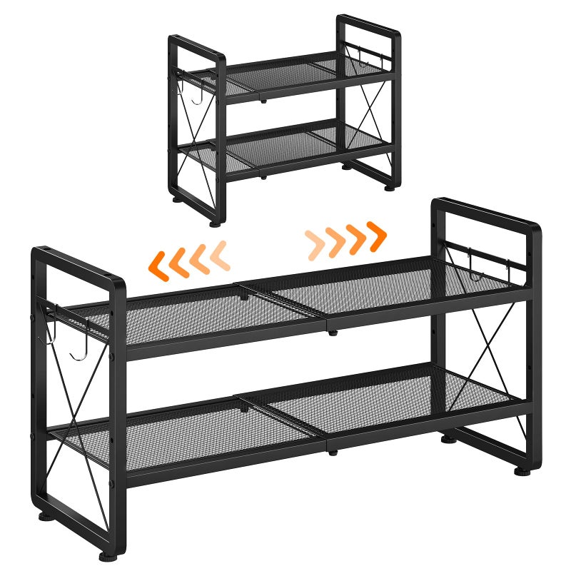 ELYKEN Shoe Rack, 2-Tier Expandable Shoe Organizer for Entryway, Metal Black Shoe Shelf with 4 Hooks, Ajustable Shoe Stand Holder for Closet, Garage, Door Entrance - Image 1
