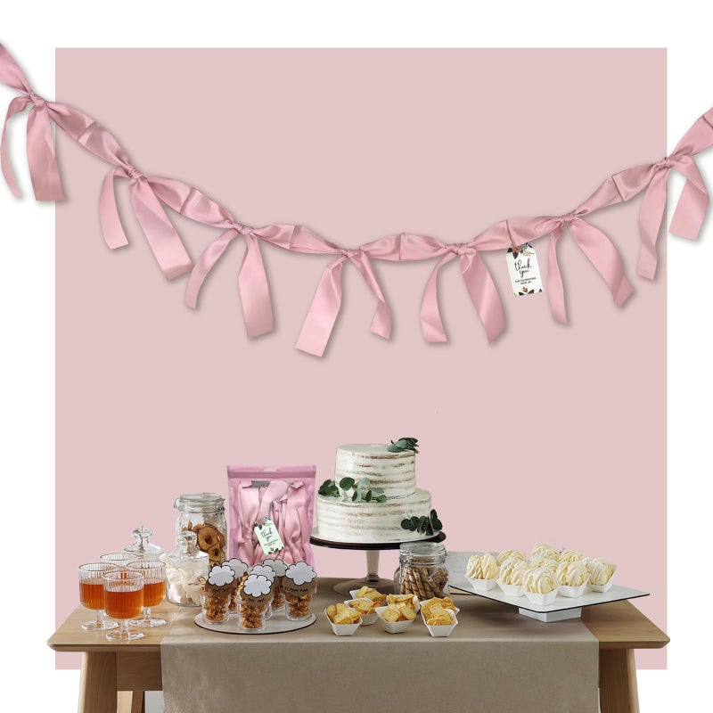 Eanjia Rosewood Blush Pink Bow Garland - Pre-Assembled 6ft Rustic Baby Shower Decor, Coquette Birthday & Bridal Shower Backdrop, Thick Matte Satin Bow Decor (Rosewood, 6ft) - Image 2