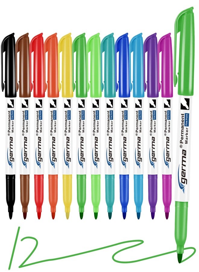 Cgerma Permanent Markers Assorted Colors, Fine Tip, 12 Vibrant Colored Permanent Markers, Waterproof, Fade-resistant, Works on Paper, Glass, Plastic, Metal for Kids, Adults, Office & School Supplies - Image 1