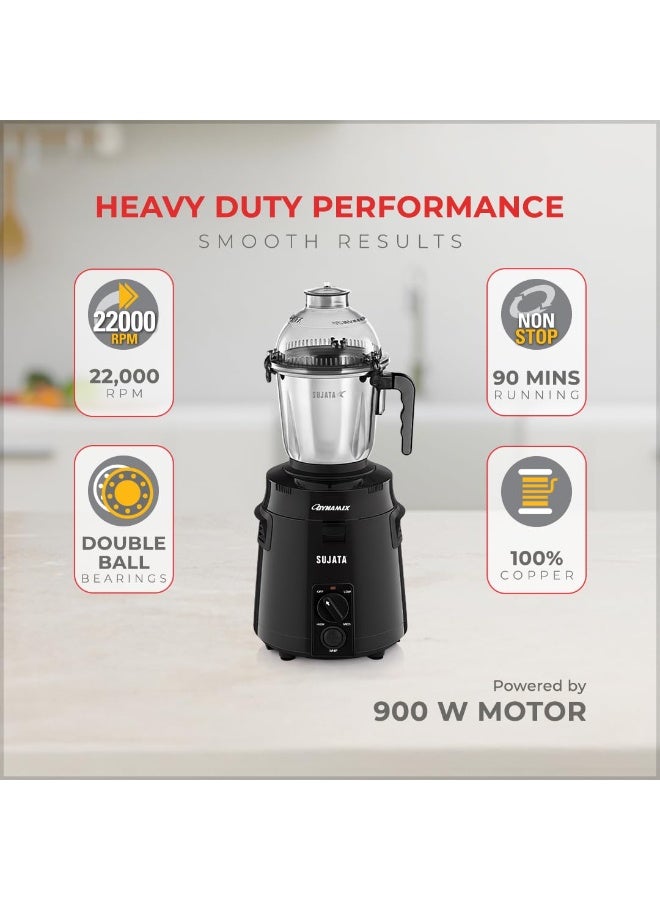 Sujata Dynamix Mixer Grinder|900 Watts Double Ball Bearing Motor|22000 RPM|Non-Stop 90 Mins Running|3 Food Grade Steel Jars - 1500ml Multipurpose, 1000ml Grinder, 500ml Chutney Jar|Black - Image 2