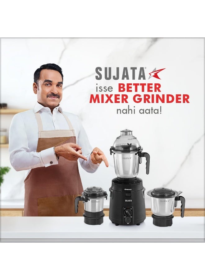 Sujata Dynamix Mixer Grinder|900 Watts Double Ball Bearing Motor|22000 RPM|Non-Stop 90 Mins Running|3 Food Grade Steel Jars - 1500ml Multipurpose, 1000ml Grinder, 500ml Chutney Jar|Black - Image 4