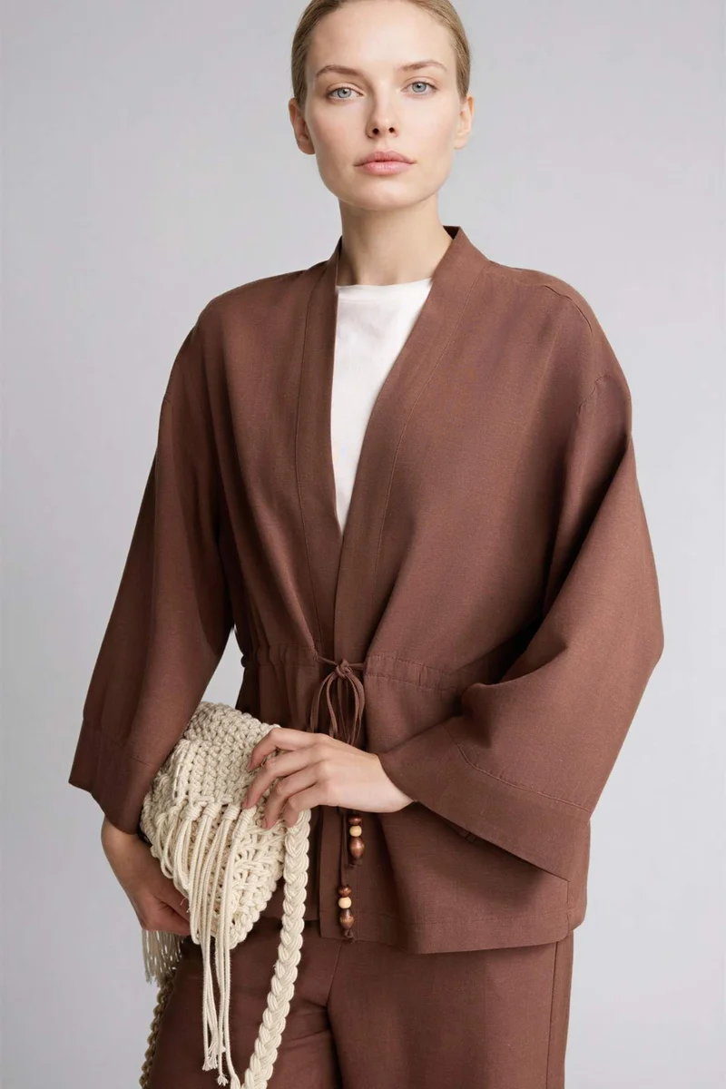 ديفاكتو Relax Fit V-Neck Linen Blend Long Sleeve Shirt