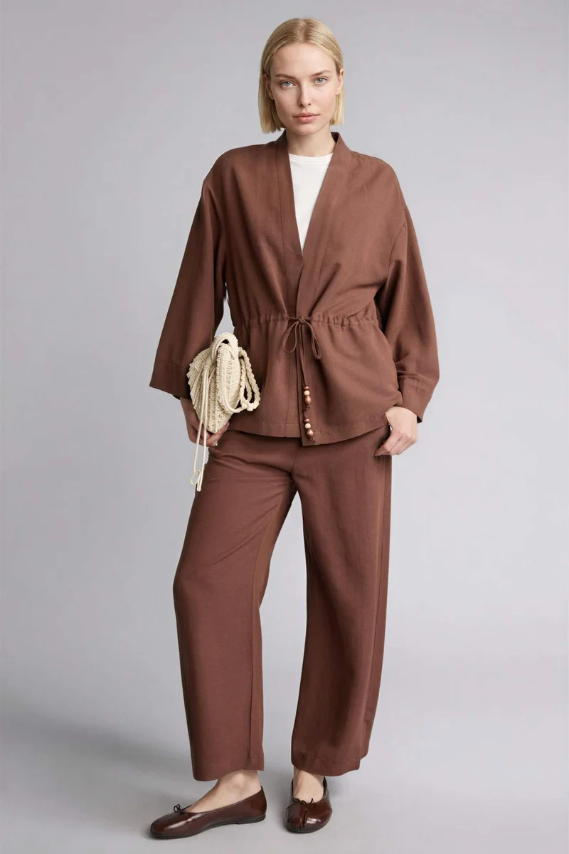 ديفاكتو Relax Fit V-Neck Linen Blend Long Sleeve Shirt