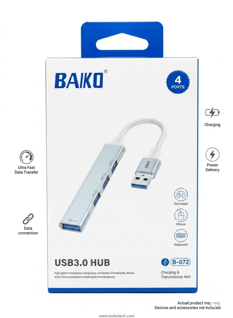 BAIKO B072 4-in-1 USB Hub with USB 3.0 Multiport Adapter, High Speed Data Transmission, Ultra Slim USB Expander for Laptop, Keyboard, Mouse & USB Devices - Image 1