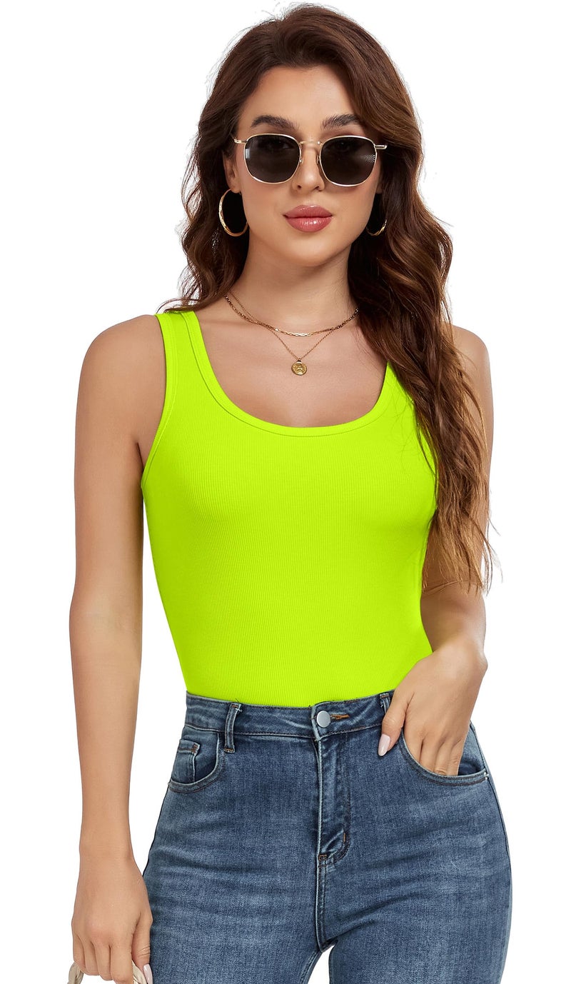 AUHEGN Tank Top for Women â€“ Ribbed Scoop Neck Sleeveless Cami Tee â€“ Soft, Stretchy & Breathable for Casual & Gym Wear Fluorescent Green Medium - Image 2
