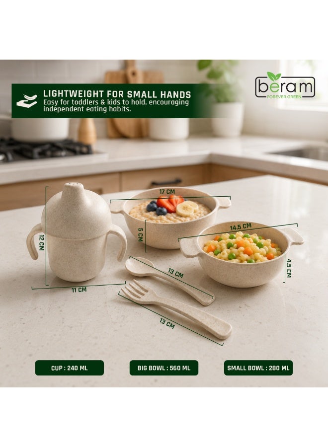 Beram Wheat Straw Dinnerware Set for Kids, 5 Pieces Set, Cutlery, Flatware and Tableware for Children, Environmentally Friendly Material, Daily Use Kitchen Utensils, Utensils Sets for Children - Image 2
