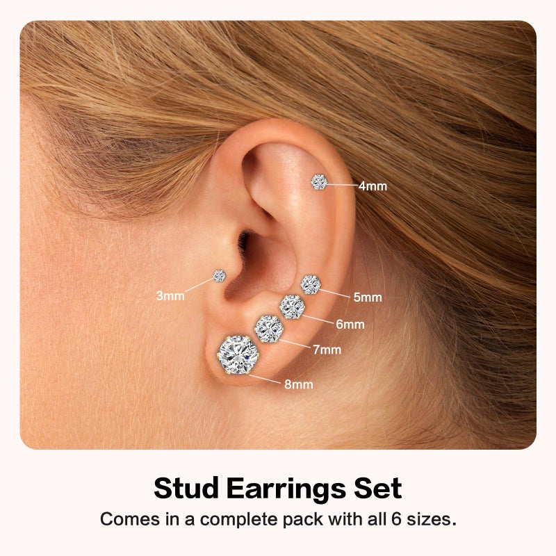 CLVJQ 6 Pairs Stud Earrings for Women, 3-8mm Stainless Steel Cubic Zirconia Earrings Set, 14K Gold Hypoallergenic Earring for Sensitive Ears, Jewelry Gift Idea - Image 2
