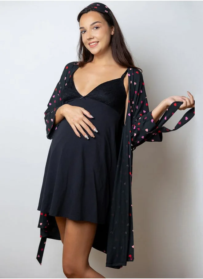 Aadaraya Aadaraya Solid Maternity Chemise with Heart Print Robe and Eyemask