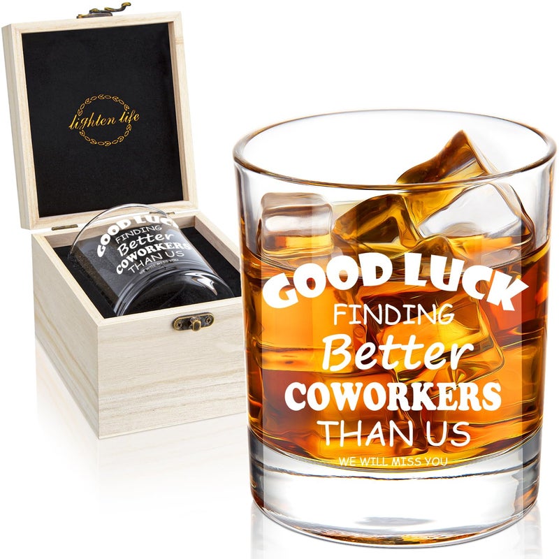 LIGHTEN LIFE Good Luck Finding Better Coworkers Than Us Whiskey Glass 340mlNovelty Coworker Leaving Gift in Valued Wooden BoxFarewell Gift for Coworker Boss Colleague Friend Men