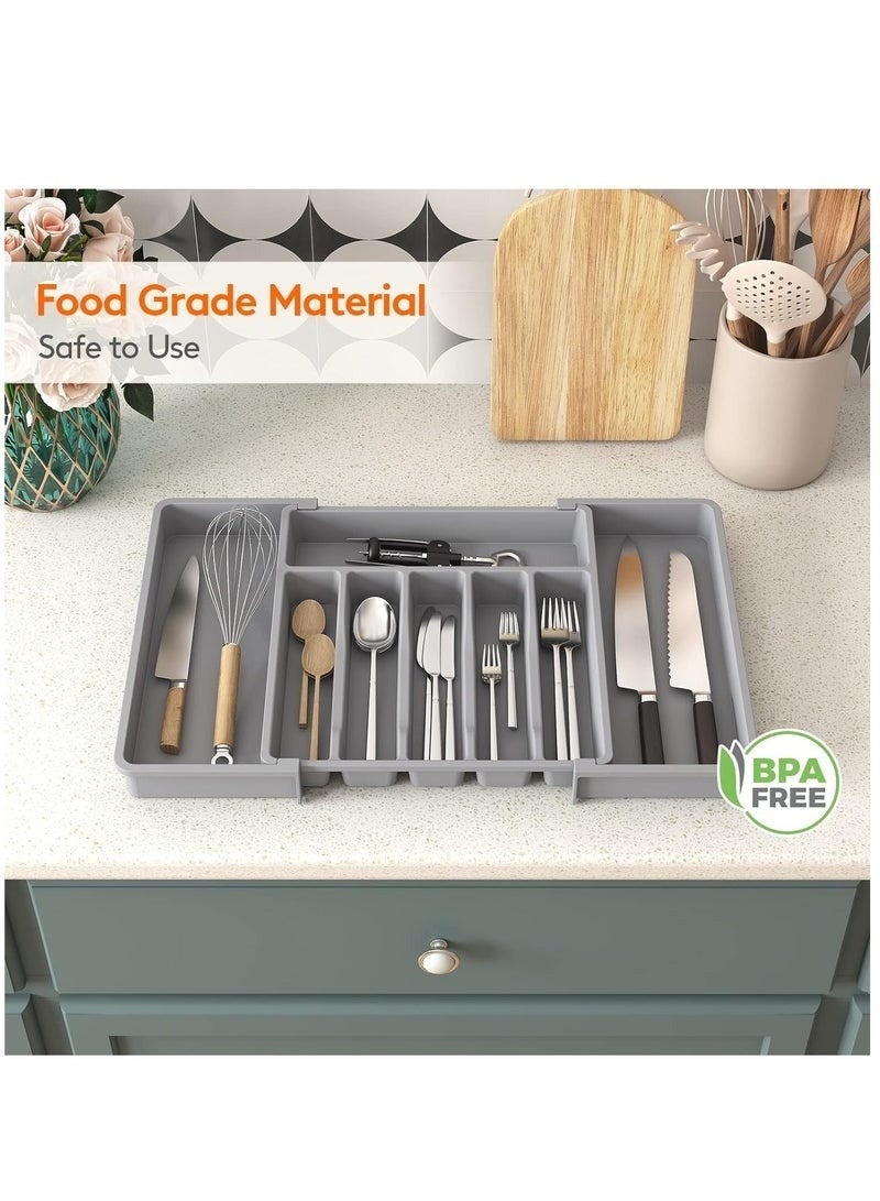 هابي هوم منظم أدوات المائدة للأدراج، صينية أدوات مطبخ قابلة للتوسيع، حامل أدوات مائدة وشوك وسكاكين خالٍ من مادة BPA، منظم تخزين بلاستيكي قابل للتعديل للملاعق والشوك والسكاكين، كبير الحجم، يمكن تمديد الصينية لترتيب أدوات المائدة ويمكن طيها لتوفير المساحة، رمادى، 33-57*38*5 سم - Image 4