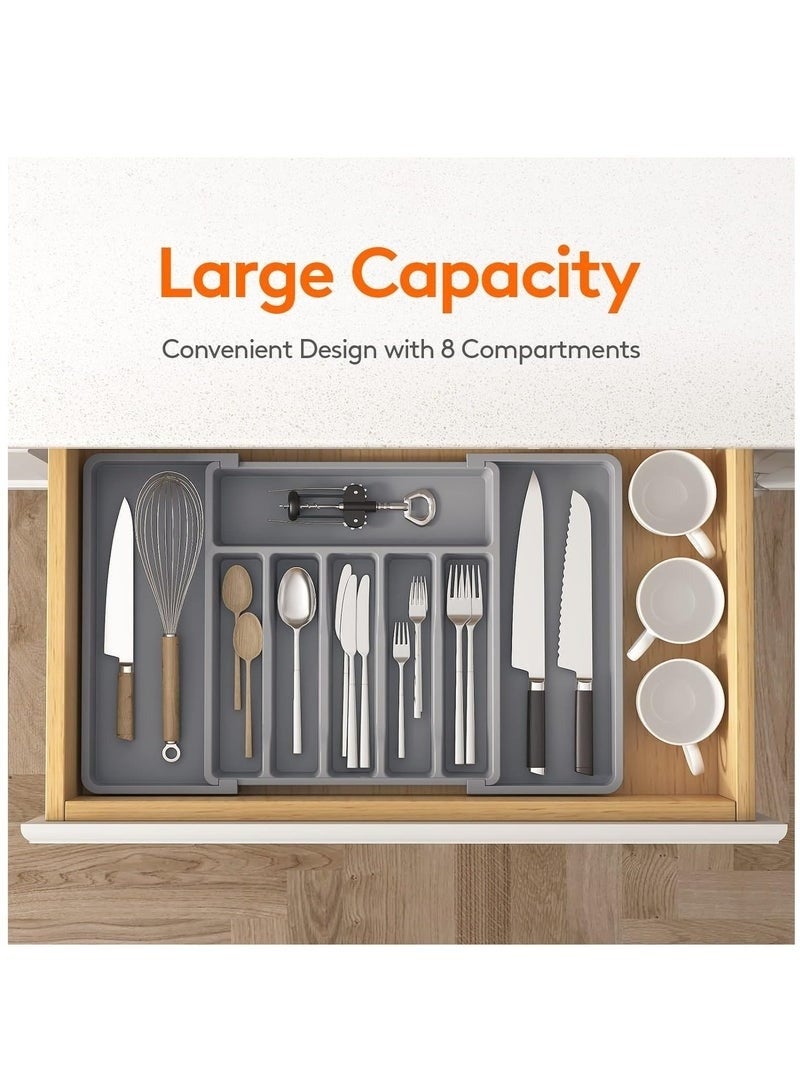 هابي هوم منظم أدوات المائدة للأدراج، صينية أدوات مطبخ قابلة للتوسيع، حامل أدوات مائدة وشوك وسكاكين خالٍ من مادة BPA، منظم تخزين بلاستيكي قابل للتعديل للملاعق والشوك والسكاكين، كبير الحجم، يمكن تمديد الصينية لترتيب أدوات المائدة ويمكن طيها لتوفير المساحة، رمادى، 33-57*38*5 سم - Image 2