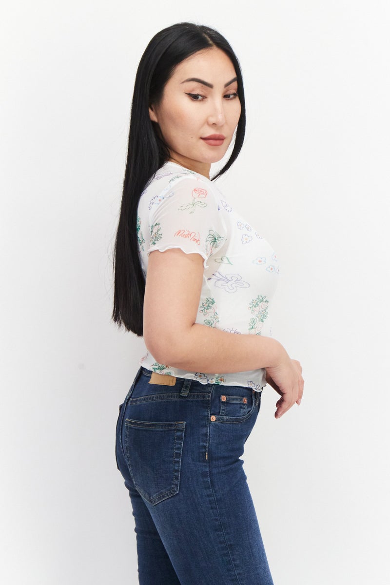 Misfit Women Floral Print Short Sleeve Net Top,White Combo - Image 3